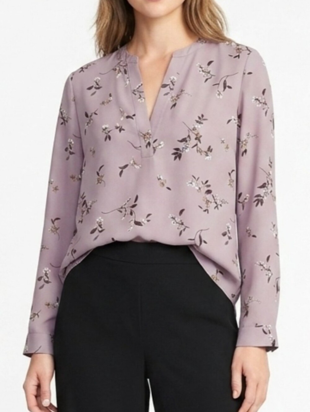 Light Purple Flowing Floral Split-Neck Blouse